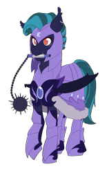 Size: 599x950 | Tagged: safe, artist:mylittlesheepy, oc, oc only, oc:midnight chastise, species:bat pony, species:pony, armor, captain, custom armor, ear piercing, eye scar, fangs, female, flail, mare, piercing, scar, simple background, tall pone, transparent background, weapon