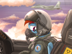 Size: 1280x957 | Tagged: safe, artist:buckweiser, character:rainbow dash, species:pony, aircraft, clothing, cloud, cockpit, f-15 eagle, female, flying, helmet, jet, jet fighter, looking back, mare, military, pilot, sad, sky, solo, worried