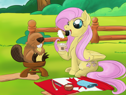 Size: 3000x2250 | Tagged: safe, artist:firimil, character:fluttershy, species:pony, animal, beaver, canada, canada day, cute, fence, flag, innuendo, razor blade, shyabetes