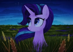 Size: 1491x1055 | Tagged: safe, artist:sonnatora, character:starlight glimmer, species:pony, species:unicorn, cloud, cute, featured on derpibooru, female, field, glimmerbetes, grass, lidded eyes, looking up, mare, night, scenery, scenery porn, sitting, sky, smiling, solo, stars, wheat, windswept mane