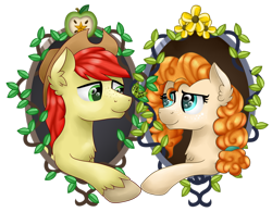 Size: 1024x797 | Tagged: safe, artist:saturnstar14, character:bright mac, character:pear butter, species:pony, ship:brightbutter, episode:the perfect pear, g4, my little pony: friendship is magic, apple, bust, buttercup, double portrait, female, food, male, pear, reaching out, shipping, simple background, straight, transparent background
