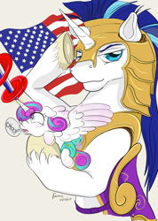 Size: 2175x3056 | Tagged: safe, artist:firimil, character:princess flurry heart, character:shining armor, species:pony, american flag, american independence day, armor, cute, father and daughter, female, flurry blaster, flurrybetes, independence day, male, salute, simple background, sneezing, united states