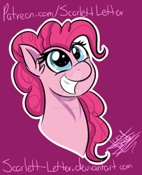 Size: 1024x1260 | Tagged: safe, artist:scarlett-letter, character:pinkie pie, species:pony, bust, female, portrait, smiling, solo, watermark