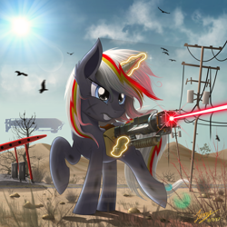 Size: 2500x2500 | Tagged: safe, artist:duskie-06, oc, oc only, oc:velvet remedy, species:bird, species:pony, species:unicorn, fallout equestria, airship, cloud, energy weapon, fallout 4, fanfic, fanfic art, female, fluttershy medical saddlebag, glow, glowing horn, gritted teeth, gun, hooves, horn, laser, laser gun, laser rifle, levitation, magic, magical energy weapon, mare, medical saddlebag, outdoors, power line, prydwen, raised hoof, saddle bag, sky, solo, sun, teeth, telekinesis, wasteland, weapon, zeppelin