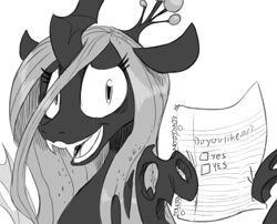 Size: 741x600 | Tagged: safe, artist:sunibee, edit, character:queen chrysalis, species:changeling, bronybait, changeling queen, cute, cutealis, female, grin, monochrome, poll, smiling, solo