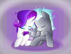 Size: 1024x768 | Tagged: safe, artist:andromedasparkz, character:rarity, character:thunderlane, parent:rarity, parent:thunderlane, parents:rarilane, species:pegasus, species:pony, species:unicorn, ship:rarilane, cuddling, eyes closed, female, foal, male, mare, messy mane, offspring, prone, shipping, simple background, stallion, straight