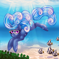 Size: 1000x1000 | Tagged: safe, artist:fur-what-loo, oc, oc only, oc:tidal wave, species:pony, commission, cute, female, fish, looking at you, mare, solo, sunlight, swimming, underwater, ych result