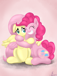 Size: 3000x4000 | Tagged: safe, artist:truffle shine, character:fluttershy, character:pinkie pie, species:earth pony, species:pegasus, species:pony, ship:flutterpie, duo, duo female, female, friendshipping, hug, mare, signature, sitting, smiling, winghug, wings