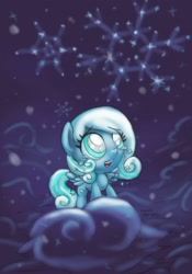 Size: 1400x2000 | Tagged: safe, artist:cazra, oc, oc only, oc:snowdrop, species:pegasus, species:pony, blind, cloud, cloudy, constellation, female, filly, happy, open mouth, snow, snowbetes, snowfall, solo, stars