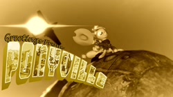 Size: 1280x720 | Tagged: safe, artist:dj-chopin, character:applejack, species:pony, 3d, atomic bomb, autumn, bomb, crossover, dr. strangelove, fallout, female, flare, nuclear weapon, pipbuck, plane, postcard, solo, weapon