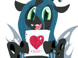 Size: 800x600 | Tagged: safe, artist:sunibee, character:queen chrysalis, species:changeling, bronybait, changeling queen, cute, cutealis, dexterous hooves, female, heart, looking at you, paper, simple background, smiling, solo, white background