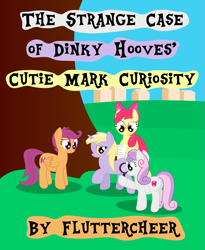 Size: 2425x2953 | Tagged: safe, artist:dinkyuniverse, character:apple bloom, character:dinky hooves, character:scootaloo, character:sweetie belle, species:earth pony, species:pegasus, species:pony, species:unicorn, fanfic:the strange case of dinky hooves' cutie mark curiosity, episode:crusaders of the lost mark, g4, my little pony: friendship is magic, author:fluttercheer, blank flank, clueless, curious, cutie mark, determined, fanfic, fanfic art, fanfic cover, female, filly, foal, grass, hair bow, house, investigation, list, magnifying glass, pencil, raised hoof, text, the cmc's cutie marks, tree, worried