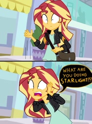 Size: 2048x2732 | Tagged: safe, artist:justsomepainter11, character:sunset shimmer, comic:starlight gets uncovered, equestria girls:mirror magic, g4, my little pony: equestria girls, my little pony:equestria girls, spoiler:eqg specials, clothing, comic, dialogue, implied starlight glimmer, shocked