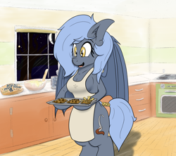 Size: 2048x1817 | Tagged: safe, artist:xwoofyhoundx, oc, oc only, oc:panne, oc:speck, species:anthro, species:bat, species:bat pony, species:unguligrade anthro, apron, breasts, chestbreasts, clothing, cookie, female, food, french fries, kitchen, moon, night, oven, request, solo, stars, stove, tree, window