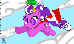 Size: 854x512 | Tagged: safe, artist:davidsfire, character:screwball, canada, cape, captain canada, clothing, derp, flag, flying, good trick, hat, hero, propeller hat, spinning, superhero, swirly eyes