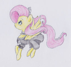 Size: 1038x986 | Tagged: safe, artist:marta4708, character:fluttershy, species:pony, clothing, female, fluttermaid, looking up, maid, profile, simple background, solo, spread wings, traditional art, wings
