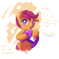 Size: 760x760 | Tagged: dead source, safe, artist:haute-claire, character:scootaloo, species:pegasus, species:pony, abstract background, bandaid, bipedal, blushing, cute, cutealoo, female, filly, helmet, it was me, scootalove, solo