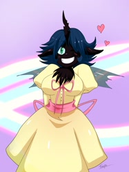 Size: 1176x1576 | Tagged: safe, artist:traupa, character:queen chrysalis, species:anthro, species:changeling, alternate hairstyle, blushing, breasts, changeling queen, clothing, cute, cutealis, dress, female, heart, one eye closed, short hair, smiling, solo, wink