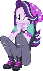 Size: 1554x2550 | Tagged: safe, artist:davidsfire, character:starlight glimmer, equestria girls:mirror magic, g4, my little pony: equestria girls, my little pony:equestria girls, spoiler:eqg specials, beanie, clothing, covering mouth, female, hat, hiding, high heels, pants, scared, scaredy glimmer, shirt, shoes, simple background, sitting, solo, transparent background, vector, vest, watch