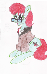 Size: 1404x2200 | Tagged: safe, artist:wyren367, oc, oc only, oc:scratch build, species:earth pony, species:pony, clothing, confused, glasses, jacket, male, open mouth, simple background, sitting, stallion, traditional art, white background