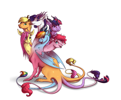 Size: 1379x1139 | Tagged: safe, artist:28gooddays, character:applejack, character:fluttershy, character:pinkie pie, character:rainbow dash, character:rarity, character:twilight sparkle, species:chimera, species:dragon, appleflaritwidashpie, dragon wings, dragonified, ear fluff, fangs, fusion, hydra, hydrafied, legendary creature, looking at you, mane six, mane six hydra, multiple heads, multiple horns, multiple tails, simple background, sitting, six heads, species swap, tiamat, we have become one, white background, wings