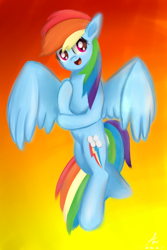 Size: 2000x3000 | Tagged: safe, artist:truffle shine, character:rainbow dash, species:pegasus, species:pony, female, flying, mare, signature, sky, smiling, solo, sunset