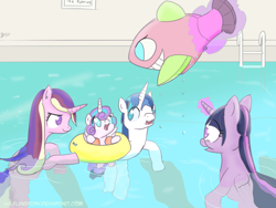 Size: 1280x960 | Tagged: safe, artist:halflingpony, character:princess cadance, character:princess flurry heart, character:shining armor, character:twilight sparkle, species:alicorn, species:pony, species:unicorn, newbie artist training grounds, family, fish, inflatable, inner tube, ladder, magic, playing, pool toy, swimming, swimming pool, water wings, wet mane