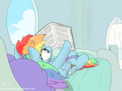 Size: 1280x960 | Tagged: safe, artist:halflingpony, character:rainbow dash, species:pony, newbie artist training grounds, bathroom, bedroom, book, cloud, cloud bed, female, lying down, messy mane, messy tail, morning, morning ponies, on back, reading, solo