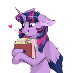Size: 2000x2000 | Tagged: safe, artist:scarletskitty12, character:twilight sparkle, character:twilight sparkle (alicorn), species:alicorn, species:pony, adorkable, book, cute, dork, ear fluff, female, floppy ears, heart, mare, simple background, smiling, solo, that pony sure does love books, white background