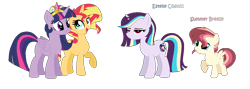 Size: 1360x484 | Tagged: safe, artist:s1nb0y, base used, character:sunset shimmer, character:twilight sparkle, character:twilight sparkle (alicorn), oc, oc:estelle cosmic, oc:summer breeze, parent:sunset shimmer, parent:twilight sparkle, parents:sunsetsparkle, species:alicorn, species:pony, ship:sunsetsparkle, family, female, lesbian, magical lesbian spawn, offspring, shipping, simple background, transparent background