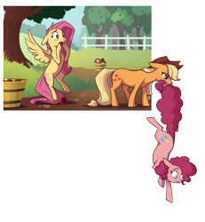 Size: 1620x1750 | Tagged: safe, artist:28gooddays, character:applejack, character:fluttershy, character:pinkie pie, species:earth pony, species:pegasus, species:pony, apple, biting, breaking the fourth wall, clothing, cowboy hat, description is artwork too, description is relevant, female, floppy ears, food, fourth wall, fourth wall destruction, hat, mare, meta, mouth hold, open mouth, pinkie being pinkie, punchline in the description, simple background, spread wings, sweet apple acres, tail bite, transparent background, wide eyes, wings, worried