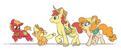 Size: 1800x741 | Tagged: safe, artist:ponygoggles, character:apple bloom, character:applejack, character:big mcintosh, character:bright mac, character:pear butter, species:earth pony, species:pony, ship:brightbutter, episode:the perfect pear, g4, my little pony: friendship is magic, apple family, baby, baby apple bloom, baby pony, blank flank, clothing, colt, colt big macintosh, cowboy hat, cute, family, female, filly, filly applejack, foal, galloping, hat, male, mare, saddle bag, shipping, simple background, stallion, straight, unshorn fetlocks, white background, younger