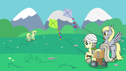 Size: 2926x1646 | Tagged: safe, artist:dinkyuniverse, character:apple honey, character:apple mint, character:derpy hooves, character:jinx, species:pony, bandage, chest fluff, female, field, grass field, kite, mother and daughter, playing, trotting, unshorn fetlocks, wheelchair
