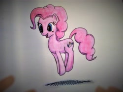 Size: 3257x2443 | Tagged: safe, artist:stratodraw, character:pinkie pie, species:earth pony, species:pony, female, jumping, mare, smiling, solo, traditional art