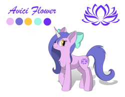 Size: 3300x2550 | Tagged: safe, artist:lunar froxy, oc, oc only, oc:avici flower, species:pony, species:unicorn, bandage, bow, drawn on phone, female, mare, reference sheet, simple background, smiling, solo, white background