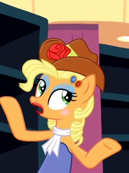 Size: 2048x2732 | Tagged: safe, artist:justsomepainter11, character:applejack, species:pony, episode:make up shake up, episode:simple ways, eqg summertime shorts, g4, my little pony: equestria girls, my little pony: friendship is magic, my little pony:equestria girls, and then there's rarity, applejewel, clothing, cowboy hat, equestria girls ponified, female, hat, lipstick, makeup, ponified, scene interpretation, solo
