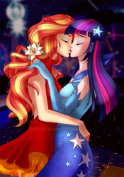 Size: 700x1000 | Tagged: safe, artist:limreiart, character:sunset shimmer, character:twilight sparkle, species:human, fanfic:long road to friendship, ship:sunsetsparkle, my little pony:equestria girls, backless, blushing, clothing, dress, evening gloves, eyes closed, fanfic, fanfic art, female, flower, flower in hair, gala dress, gloves, human coloration, humanized, kissing, lesbian, long gloves, shipping