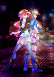 Size: 700x1000 | Tagged: safe, artist:limreiart, character:rainbow dash, character:sunset shimmer, fanfic:long road to friendship, my little pony:equestria girls, ankle boots, back to back, clothing, duo, fanfic, fanfic art, female, high heels, human coloration, jacket, night, plank, shoes