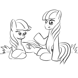 Size: 1000x1000 | Tagged: safe, artist:truffle shine, oc, oc only, oc:cordyceps sparkle, oc:truffle shine, species:earth pony, species:pony, duo, female, grass, lineart, lying down, male, mare, rule 63, simple background, sitting, sketch, stallion, transparent background, truffle shine's sketch series