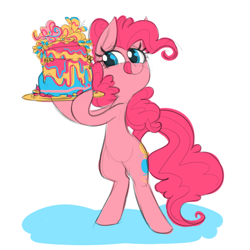 Size: 600x600 | Tagged: safe, artist:ponygoggles, character:pinkie pie, species:earth pony, species:pony, bipedal, cake, female, food, licking, licking lips, looking at something, mare, solo, tongue out