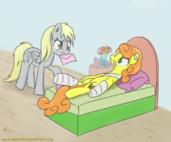 Size: 1280x1067 | Tagged: safe, artist:halflingpony, character:carrot top, character:derpy hooves, character:golden harvest, species:earth pony, species:pegasus, species:pony, newbie artist training grounds, annoyed, atg 2017, bandage, bed, bedroom, bouquet, broken leg, cast, female, get well card, mare, mouth hold, sheepish grin