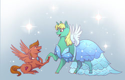 Size: 1330x858 | Tagged: safe, artist:28gooddays, character:whoa nelly, oc, species:pony, canon x oc, clothing, cute, dress, eye contact, female, looking at each other, male, mare, necktie, princess dress, smiling, stallion, whoa nellybetes