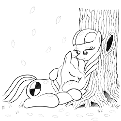 Size: 1000x1000 | Tagged: safe, artist:truffle shine, oc, oc only, oc:cordyceps sparkle, oc:truffle shine, species:earth pony, species:pony, autumn, duo, female, lineart, lying down, male, mare, monochrome, rule 63, simple background, sketch, sleeping, stallion, transparent background, tree, tree trunk, truffle shine's sketch series