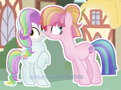 Size: 947x703 | Tagged: safe, artist:spectrumnightyt, character:coconut cream, character:toola roola, species:pony, episode:fame and misfortune, g4, my little pony: friendship is magic, boop, female, lesbian, noseboop, older, scrunchy face, shipping, toolanut, watermark