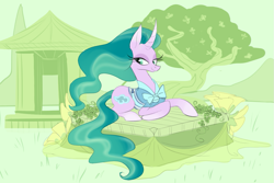 Size: 1117x747 | Tagged: safe, artist:ponygoggles, character:mistmane, species:pony, species:unicorn, episode:campfire tales, g4, my little pony: friendship is magic, beautiful, clothing, curved horn, ethereal mane, female, mare, prone, solo, stupid sexy mistmane, tree