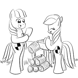 Size: 1000x1000 | Tagged: safe, artist:truffle shine, oc, oc only, oc:cordyceps sparkle, oc:truffle shine, species:earth pony, species:pony, bipedal, duo, eyes closed, female, firewood, grass, grayscale, lineart, male, mare, monochrome, open mouth, rule 63, saw, simple background, sketch, stallion, table, transparent background, tree trunk, truffle shine's sketch series, wood