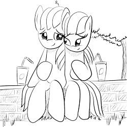 Size: 1000x1000 | Tagged: safe, artist:truffle shine, oc, oc only, oc:cordyceps sparkle, oc:truffle shine, species:earth pony, species:pony, duo, female, grass, grayscale, hug, juice, lemonade, lineart, male, mare, monochrome, rule 63, simple background, sitting, sketch, stallion, straw, transparent background, tree, truffle shine's sketch series, wall