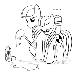 Size: 1000x1000 | Tagged: safe, artist:truffle shine, oc, oc only, oc:cordyceps sparkle, oc:truffle shine, species:earth pony, species:pony, ..., bucket, carton, duo, female, glass, lineart, male, mare, meme, milk, monochrome, mop, rule 63, simple background, sketch, spilled milk, stallion, transparent background, truffle shine's sketch series
