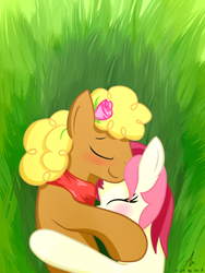 Size: 1500x2000 | Tagged: safe, artist:truffle shine, character:roseluck, species:earth pony, species:pony, blushing, clothing, cuddling, evening star, eveningluck, eyes closed, female, flower, flower in hair, grass, grass field, lying down, male, mare, on side, pasture, scarf, shipping, signature, stallion, straight