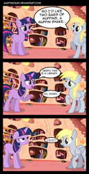 Size: 1490x2908 | Tagged: safe, artist:austiniousi, character:derpy hooves, character:twilight sparkle, species:pegasus, species:pony, comic, female, golden oaks library, library, mare, twilight is not amused, unamused